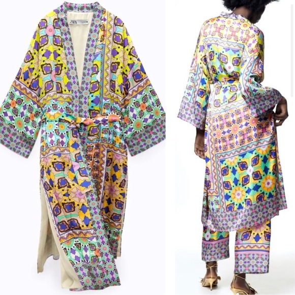 ZARA Satin lined belted kimono Jacket Duster Robe with pockets S